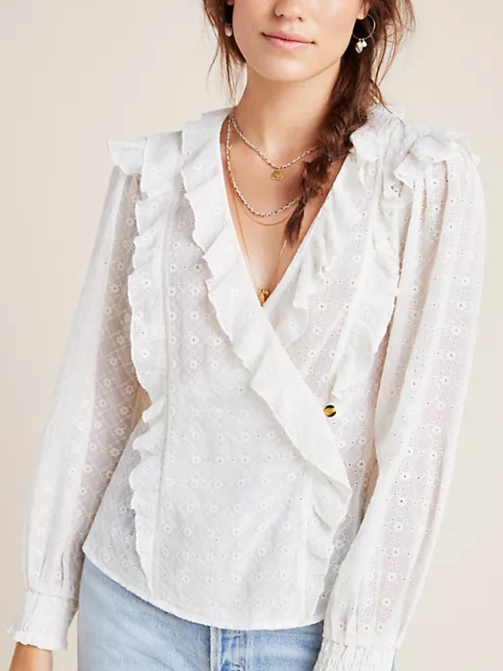 Anthropologie Maeve Laila Ivory Ruffled Eyelet Wrap Blouse NWT Size O